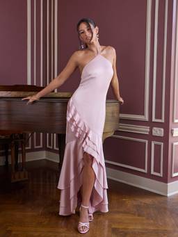 Cider - Satin Halter Neckline Ruffled Hem Women's Maxi Dress Pink