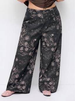 Cider - Cotton-Blend Women Low Waist Floral Wide-Leg Trousers Black