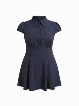 Cider - Collar Stripes Pleated Women's Shirt Mini Dress Navy Blue