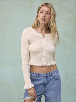 Cider - Textured Women's Ruffled Round Neck Crop Top Cream