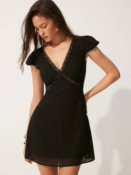 Cider - Chiffon Women's V-Neck Puff Sleeve Lace A-Line Mini Dress Black
