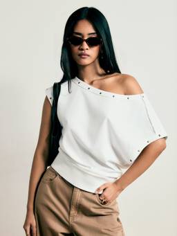 Cider - Cotton Blend Women Asymmetrical Neck Oversized Crop Top Cream