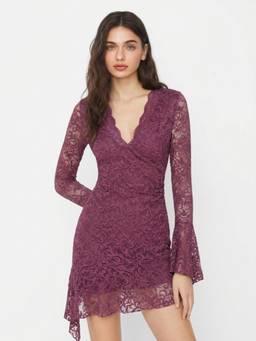 Cider - Lace Women's V-Neck Bell Sleeve High-Low Mini Dress Purple