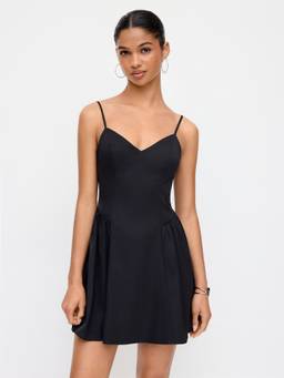 Cider - Ruched Women's V-Neck Shirred Flared Mini Dress Black