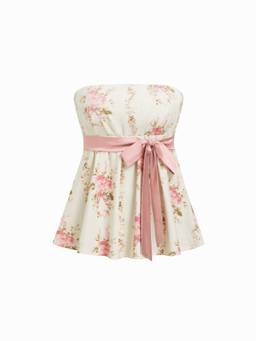 Cider - Polka Dot Women's Strapless Bow Belt Crop Top Beige