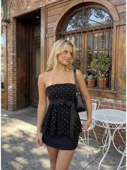 Cider - Polka Dot Women's Strapless Bow Belt Crop Top Black