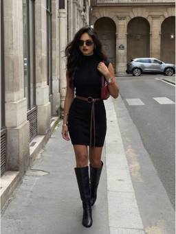 Cider - Knit Women's Stand Collar Belted Straight Mini Dress Black