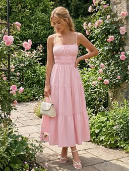 Cider - Ruched Shirred Women's Flared Maxi Dress Pink