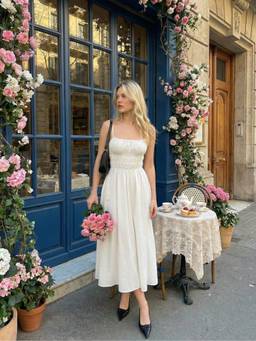 Cider - Ruched Shirred Women’s Flared Maxi Dress White