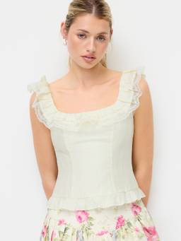 Cider - Ruffled Women's Smocked Lace Trim Crop Top Cream