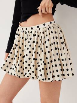 Cider - Polka Dot Women's Pleated Bubble Mini Skirt Beige