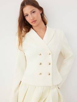 Cider - Notched Collar Women’s Double-Breasted Waist Blazer Cream