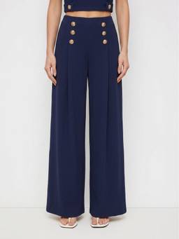 Cider - Metal Button Women's Boat Neck Pleated Pant Set Navy Blue