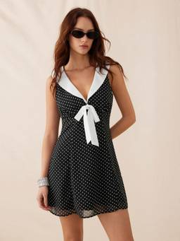 Cider - Chiffon Women's Polka Dot Sailor Collar A-Line Mini Dress Black