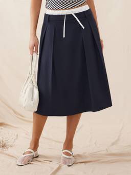 Cider - Contrast Trim Women's Drawstring Pleated A-Line Midi Skirt Navy Blue