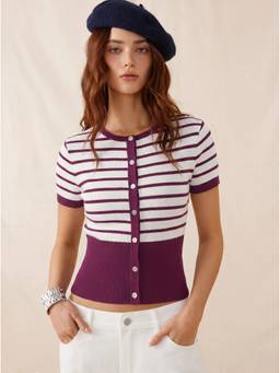 Cider - Knit Stripe Women High Stretch Pearl Button Cardigan Burgundy