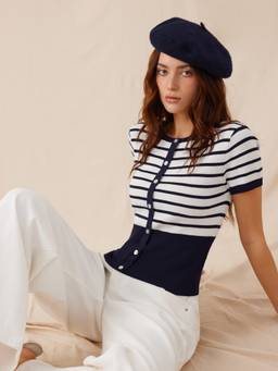 Cider - Knit Striped Women High-Stretch Pearl Button Cardigan Navy Blue