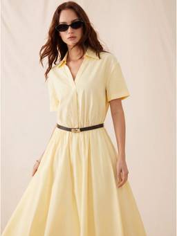 Cider - Cotton Blend Women Belted Collar Shirt Maxi Dress Yellow