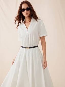 Cider - Cotton Blend Women’s Collared Belted Shirt Maxi Dress White