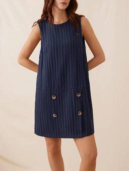 Cider - Woven Striped Women's Sleeveless A-Line Mini Dress Navy Blue
