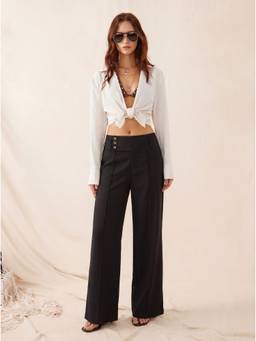 Cider - Linen-Blend Women Low-Waist Pleated Wide-Leg Trousers Black