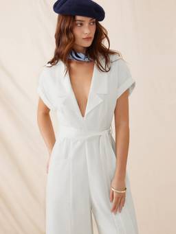 Cider - Linen Blend Women's Collar Neck Belted Wide-Leg Jumpsuit White