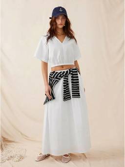 Cider - Cotton-Blend Women V-Neck Short Sleeve Skirt Set White