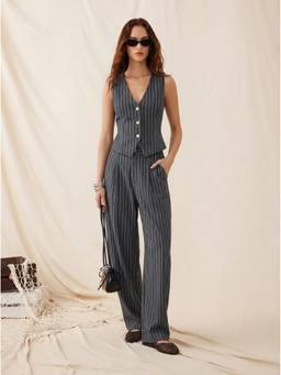 Cider - Linen-Blend Women’s V-Neck Striped Sleeveless Pant Set Navy Blue