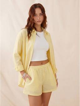 Cider - Linen Blend Women Striped Collar Button-Up Short Set Yellow