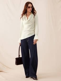 Cider - Satin Women's Cowl Neck Asymmetrical Hem Blouse White