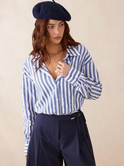Cider - Linen Blend Women's Striped Button-Down Shirt Bodysuit Blue