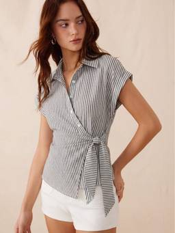 Cider - Linen Blend Women's Striped Asymmetrical Tie-Up Blouse Blue