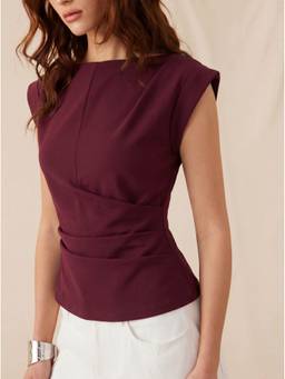 Cider - Jersey Women’s Ruched Boat Neck Crop Top Burgundy