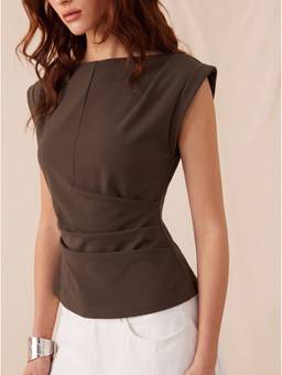 Cider - Jersey Women's Ruched Boat Neck Crop Top Brown