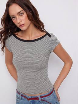 Cider - Cotton Blend Women's Striped Boat Neck Short Sleeve T-Shirt Grey