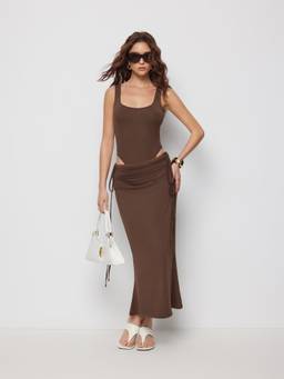 Cider - Ruched Women's Square Neck Mermaid Skirt Set Brown