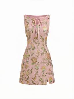 Cider - Jacquard Floral Women’s Boat Neck Cut-Out Mini Dress Pink