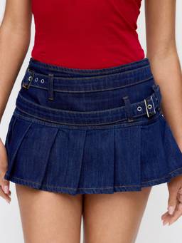 Cider - Low Rise Women's Pleated Metal Detail Mini Skirt Indigo