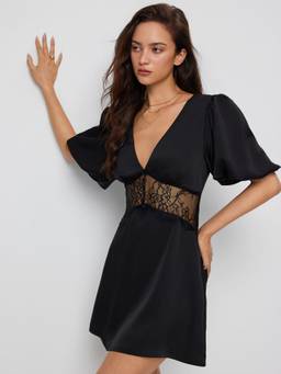 Cider - Satin Lace Women's V-Neck Lantern Sleeve A-Line Mini Dress Black
