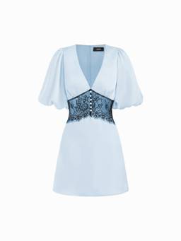 Cider - Satin Lace Women's V-Neck Lantern Sleeve A-Line Mini Dress Blue