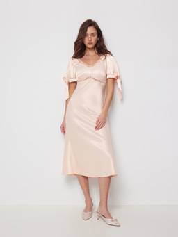 Cider - Satin Lace Trim Women's V-Neck Puff Sleeve Maxi Dress Pink