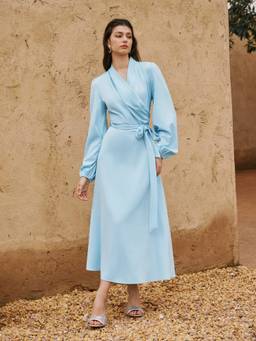 Cider - Satin Women's V-Neck Lantern Sleeve Bow Flared Maxi Dress Blue