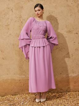 Cider - Chiffon Women's Ruched Bell Sleeve Flared Maxi Dress Purple