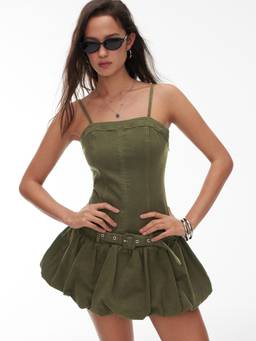 Cider - Denim Women's Slim Fit Belted Bubble Mini Dress Olive