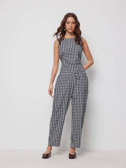 Cider - Checks Women's Boat Neck Knotted Pant Set Black