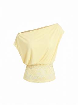 Cider - Floral Lace Women Ruched Asymmetrical Neck Top Yellow