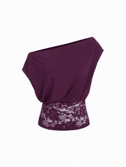 Cider - Floral Lace Women Ruched Asymmetrical Neck Top Purple