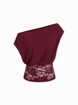 Cider - Floral Lace Women's Asymmetrical Neck Ruched Top Wine