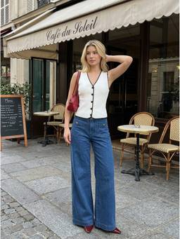 Cider - Stretch Denim Women's High-Rise Metal Button Wide-Leg Jeans Mid Blue