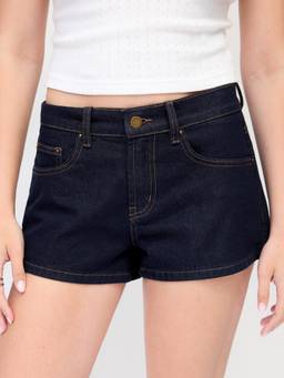 Cider - Washed Women's Mid-Waist Metal Detail Denim Shorts Navy Blue